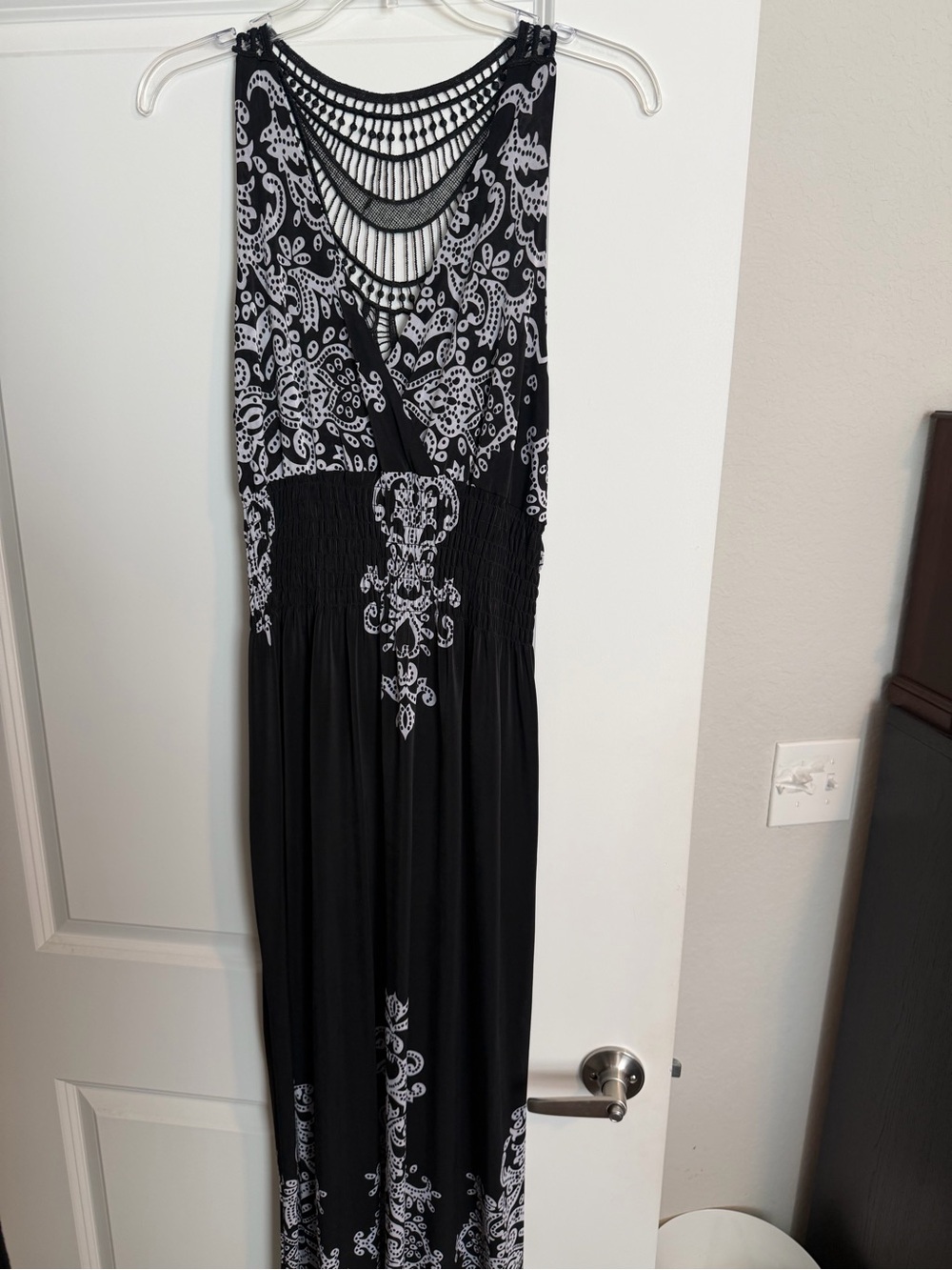 Black and White Paisley Maxi Dress with Crochet Yoke